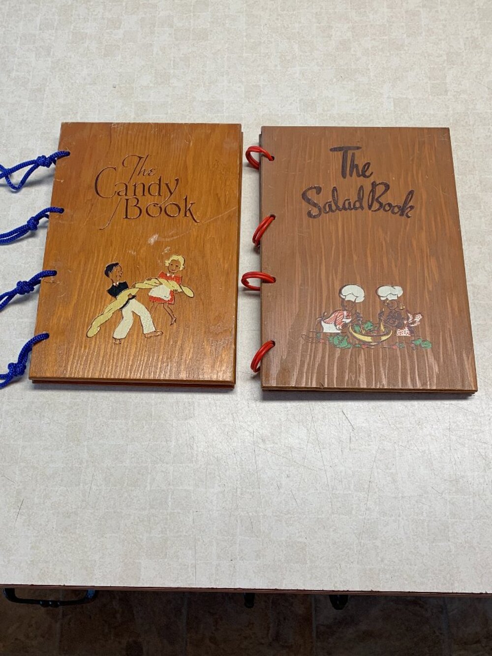 Vintage 1940s THE CANDY BOOK & THE SALAD BOOK ~ WOODEN BINDER COVERS